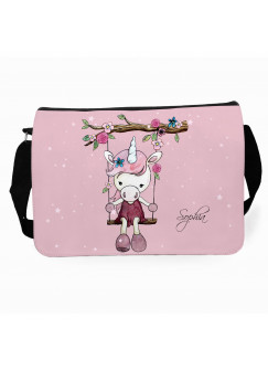 Schultertasche Umhängetasche Schultasche Tasche mit Einhorn auf Schaukel & Name Wunschname tsu36