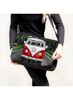 Schultertasche Schultasche Tasche Umhängetasche roter Bulli Bus Front vorne auf Straße Roadtrip tsu74