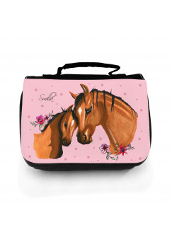 Waschtasche Waschbeutel Kulturbeutel Kosmetiktasche Reisewaschtasche Pferd mit Fohlen Punkten Blumen und Wunschnamen washbag toilet bag sponge bag cosmetics bag travel washbag horse with foal dots flowers and desired name wt114