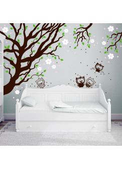 Wandtattoo Kirschbaum mit Eulen Eulchen und Kirschblüten Blüten Wandaufkleber Wandsticker Wandbild Aufkleber Sticker vierfarbig wall decal wall mural wall sticker wall tattoo sticker cherry tree with owls and cherry blossoms quadcolor M1001