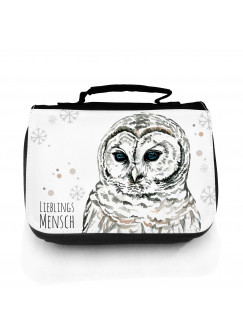 Waschtasche Waschbeutel Kulturbeutel Kosmetiktasche Reisewaschtasche Eule Eulchen Schneeeule Lieblingsmensch mit Schneeflocken und Punkte washbag toilet bag sponge bag cosmetics bag travel washbag snow owl with snowflakes dots and saying favourite person 