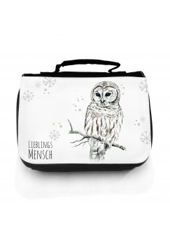 Waschtasche Waschbeutel Kulturbeutel Kosmetiktasche Reisewaschtasche Eule Eulchen Schneeeule Lieblingsmensch mit Schneeflocken und Punkte washbag toilet bag sponge bag cosmetics bag travel washbag snow owl with snowflakes dots and saying favourite person 