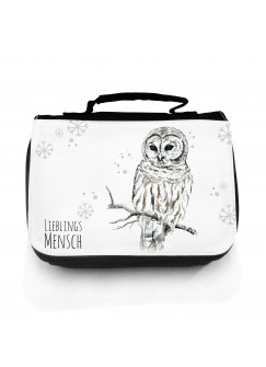 Waschtasche Kosmetiktasche Eule Eulchen Schneeeule Lieblingsmensch mit Schneeflocken und Punkte wt081