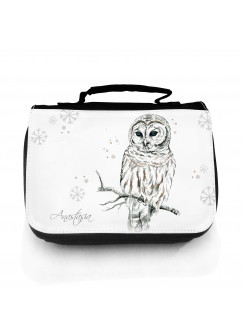 Waschtasche Waschbeutel Kulturbeutel Kosmetiktasche Reisewaschtasche Eule Eulchen Schneeeule mit Schneeflocken Punkte und Wunschnamen washbag toilet bag sponge bag cosmetics bag travel washbag snow owl with snowflakes dots and custom name wt082