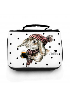 Waschtasche Waschbeutel Kulturbeutel Kosmetiktasche Reisewaschtasche Hase Kaninchen mit Tee Mütze und Schwester Herz weiß schwarz gepunktet washbag toilet bag sponge bag cosmetics bag travel washbag rabbit hare with tea hat and heart with word sister wt06