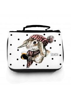 Waschtasche Waschbeutel Kulturbeutel Kosmetiktasche Reisewaschtasche Hase Kaninchen mit Tee Mütze und Wunschnamen washbag toilet bag sponge bag cosmetics bag travel washbag rabbit hare with tea hat and custom name wt062