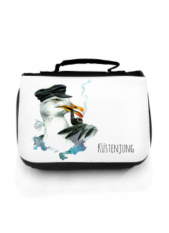 Waschtasche Waschbeutel Kulturbeutel Kosmetiktasche Reisewaschtasche Kapitän Möwe mit Mütze Pfeife und Spruch Sprichwort Zitat Küstenjung washbag toilet bag sponge bag cosmetics bag travel washbag seagull with hat pipe and saying quote coast child wt060