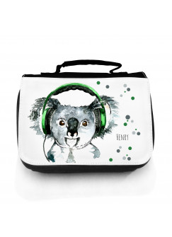 Waschtasche Waschbeutel Kulturbeutel Kosmetiktasche Reisewaschtasche Koala Bär mit Kopfhörer Punkte und Wunschnamen washbag toilet bag sponge bag cosmetics bag travel washbag koala bear with headphones dots and custom name wt077