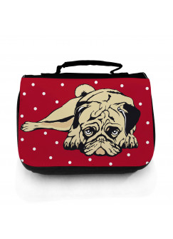 Waschtasche Waschbeutel Kulturbeutel Kosmetiktasche Reisewaschtasche Mops Hund rot weiß gepunktet washbag toilet bag sponge bag cosmetics bag travel washbag pug dog red white doted wt056