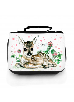 Waschtasche Waschbeutel Kulturbeutel Kosmetiktasche Reisewaschtasche Reh Rehkitz Bambi mit Blumen und Wunschnamen washbag toilet bag sponge bag cosmetics bag travel washbag deer fawn roe with flowers and custom name wt065