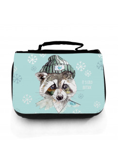 Waschtasche Kosmetiktasche Waschbär mit Schneeflocken Eiskristalle und Spruch It's cold outside wt054