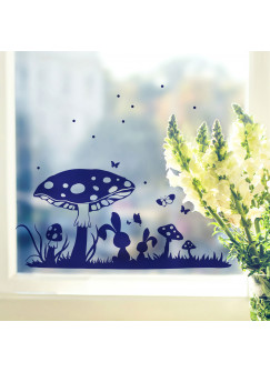 Fensterbild Fensterdeko Wandtattoo Wiese mit Hasen Pilzen und Punkte M2108