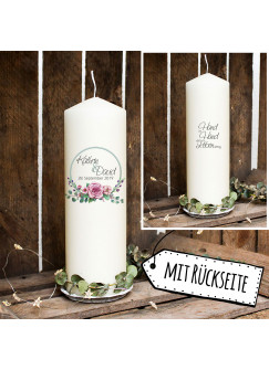 Hochzeitskerze Kerze zur Hochzeit Trauung Traukerze Kreis mit Rosengesteck & Spruch Wunschnamen & Datum wk101