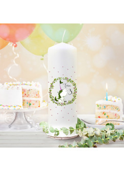 Geburtstagskerze Kerze zum Geburtstag Blumenkranz Einhorn Wunschname Alter wk142 + wahlweise passendes Teelichthüllen-Set te142