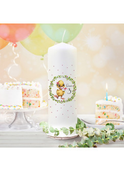 Geburtstagskerze Kerze zum Geburtstag Blumenkranz Entchen Wunschname Alter wk143 + wahlweise passendes Teelichthüllen-Set te143