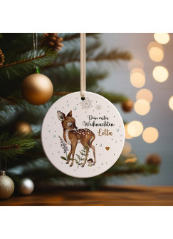 Weihnachtskugel Weihnachtsschmuck Keramik Baumhänger Baumanhänger personalisiert erstes Weihnachten Namen Wunschname Reh deer Tiere Baumkugel wkp1