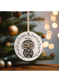 Weihnachtskugel Keramikanhänger Weihnachtsschmuck Keramik Baumanhänger Weihnachten personalisiert Namen Wunschname Eulen Eule mit Kind Tiere Baumkugel wkp10