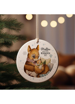 Weihnachtskugel Weihnachtsschmuck Keramik Baumanhänger personalisiert Mein erstes Weihnachten Namen Wunschname Eichhörnchen mit Baby Tiere Baumkugel wkp23
