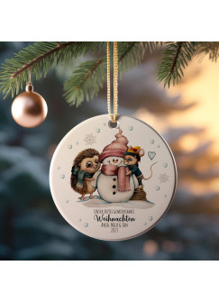 Weihnachtskugel Weihnachtsschmuck Keramik Baumanhänger personalisiert Unser erstes gemeinsames Weihnachten Namen Wunschname Schneemann Igel Maus Tiere Baumkugel wkp24