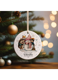 Weihnachtskugel Weihnachtsschmuck Keramik Baumanhänger personalisiert Unser erstes gemeinsames Weihnachten Namen Wunschname Schneemann Igel Maus Fuchs Tiere Baumkugel wkp25