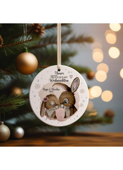 Weihnachtskugel Weihnachtsschmuck Keramik Baumanhänger personalisiert Unser erstes gemeinsames Weihnachten Namen Wunschname Hase Hasen Hasenpärchen Tiere Baumkugel wkp28