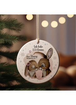 Weihnachtskugel Weihnachtsschmuck Keramik Baumanhänger personalisiert Ich liebe dich Namen Wunschname Hase Hasen Hasenpärchen Weihnachten Tiere Baumkugel wkp29