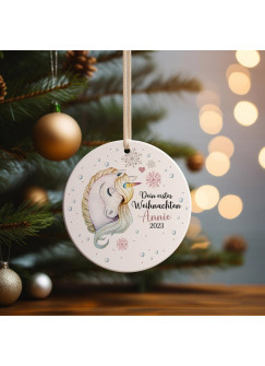 Weihnachtskugel Weihnachtsschmuck Keramik Baumhänger Baumanhänger personalisiert erstes Weihnachten Namen Wunschname Einhorn Tiere Baumkugel wkp3