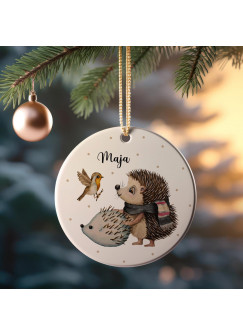 Weihnachtskugel Weihnachtsschmuck Kermik Baumanhänger Weihnachten personalisiert Namen Wunschname Igel mit Schneeigel Tiere Baumkugel wkp31