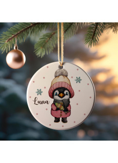 Weihnachtskugel Weihnachtsschmuck Keramik Baumanhänger Weihnachten personalisiert Namen Wunschname Pinguin mit Mütze Tiere Baumkugel wkp36