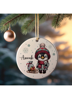 Weihnachtskugel Weihnachtsschmuck Keramik Baumanhänger Weihnachten personalisiert Namen Wunschname Pinguin mit Schlitten Tiere Baumkugel wkp40