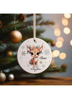 Weihnachtskugel Weihnachtsschmuck Keramik Baumanhänger Mein erstes Weihnachten personalisiert Namen Wunschname Reh mit Blümchen Tiere Baumkugel Geschenk wkp49