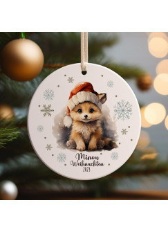 Weihnachtskugel Weihnachtsschmuck Keramik Baumanhänger Weihnachten personalisiert Namen Wunschname Fuchs mit Weihnachtsmütze Tiere Baumkugel Geschenk wkp50