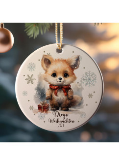 Weihnachtskugel Weihnachtsschmuck Keramik Baumanhänger Weihnachten personalisiert Namen Wunschname Fuchs mit Geschenk Tiere Baumkugel wkp51