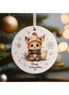 Weihnachtskugel Weihnachtsschmuck Keramik Baumanhänger Weihnachten personalisiert Namen Wunschname Fuchs mit Mütze Schal Tiere Baumkugel Geschenk wkp52