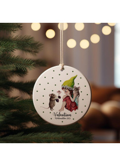 Weihnachtskugel Keramikanhänger Weihnachtsschmuck Keramik Baumanhänger Weihnachten personalisiert Namen Wunschname Elfenmädchen mit Maus Tiere Baumkugel wkp9