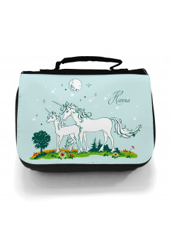 Waschtasche Kosmetiktasche Einhörner auf Weide bei Nacht Wunschname toilet bag unicorns on willow at night desired name wt005