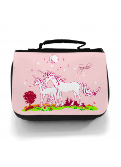 Waschtasche Kosmetiktasche Einhörner auf Weide bei Nacht Wunschname toilet bag unicorns on willow at night desired name wt006