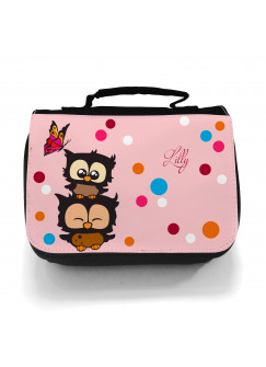 Waschtasche Kosmetiktasche Eulen mit Schmetterling Wunschname toilet bag owls with butterfly desired name wt007