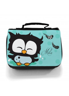 Waschtasche Kosmetiktasche Eulchen mit Federn Punkten und Wunschname toilet bag owl with feathers dots and desired name wt009