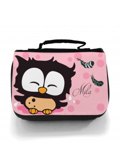 Waschtasche Kosmetiktasche Eulchen mit Federn Punkten und Wunschname toilet bag owl with feathers dots and desired name wt010