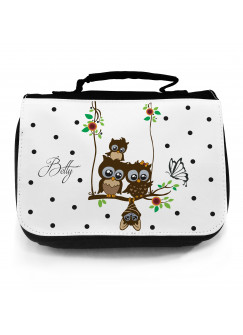 Waschtasche Kosmetiktasche Eulen auf Schaukel mit Blumen Schmetterling Punkten und Wunschname toilet bag owls on swing with butterfly flowers dots and desired name wt013