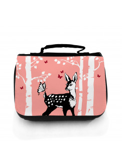 Waschtasche Reh im Wald mit Schmetterlingen rosa wt022