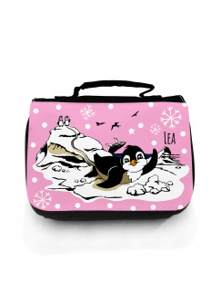 Waschtasche Pinguine auf Eisscholle mit Schneeflocken und Wunschname in rosa wt049