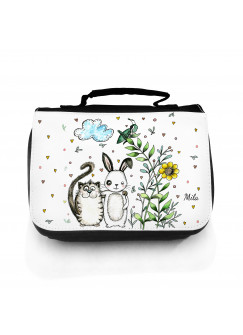 Waschtasche Waschbeutel Kulturbeutel Kosmetiktasche Reisewaschtasche Hase und Katze mit Wunschnamen wt107 Washbag toilet bag sponge bag cosmetics bag travel washbag rabbit and cat with desirable name wt107