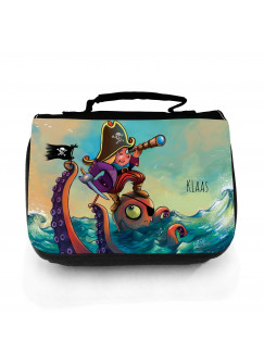 Waschtasche Waschbeutel Kulturbeutel Kosmetiktasche Reisewaschtasche Pirat auf See mit Octopus und Wunschnamen Washbag toilet bag sponge bag cosmetics bag travel washbag pirate on sea with octopus and custom name wt118