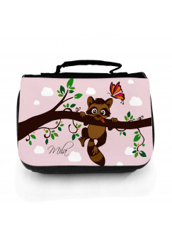 Waschtasche Waschbeutel Kulturbeutel Kosmetiktasche Reisewaschtasche Waschbär auf Ast mit Schmetterling und Wunschnamen washbag toilet bag sponge bag cosmetics bag travel washbag racoon on branch with butterfly and custom name wt121