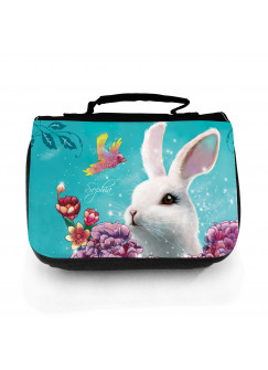 Waschtasche Waschbeutel Kulturbeutel Kosmetiktasche Reisewaschtasche Hase Häschen mit Hortensia Vogel und Wunschnamen washbag toilet bag sponge bag cosmetics bag travel washbag bunny with hortensia bird and custom name wt125