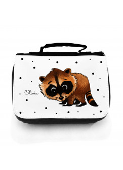 Waschtasche Waschbeutel Kulturbeutel Kosmetiktasche Reisewaschtasche Waschbär mit Punkten und Wunschnamen washbag toilet bag sponge bag cosmetics bag travel washbag raccoon with dots and desired name wt132