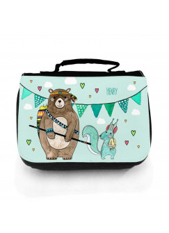 Waschtasche Waschbeutel Kulturbeutel Kosmetiktasche Reisewaschtasche Boho Bär mit Eichhörnchen und Wunschnamen washbag toilet bag sponge bag cosmetics bag travel washbag boho bear with squirrel and custom name wt137