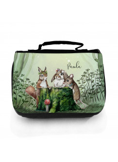 Waschtasche Waschbeutel Waldtierversammlung Eichhörnchen Hase Maus Kulturbeutel Kosmetiktasche individuellem Namen Wunschnamen wt205